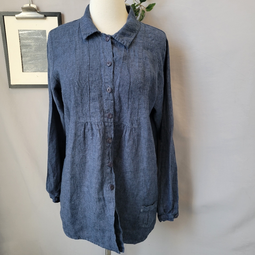 Flax Baby Doll Linen Button Front Tunic Blue Petite 4-6 or XS